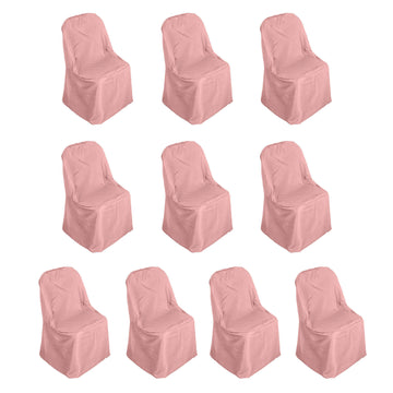 10 Pack Dusty Rose Polyester Folding Chair Covers, Reusable Stain Resistant Slip On Chair Covers