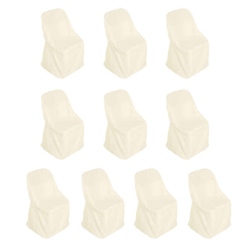 10 Pack Beige Polyester Folding Chair Covers, Reusable Stain Resistant Slip On Chair Covers