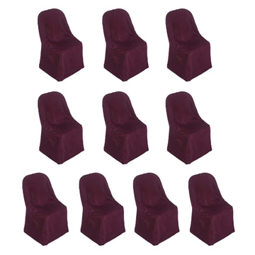 10 Pack Burgundy Polyester Folding Chair Covers, Reusable Stain Resistant Slip On Chair Covers