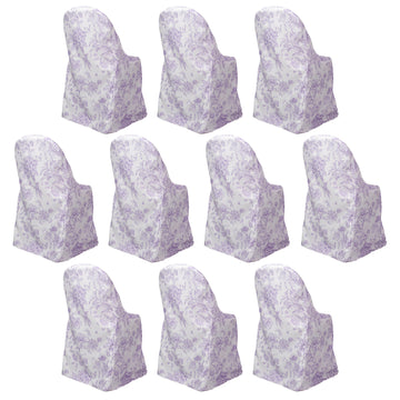 10 Pack Polyester Chair Covers for Folding Chairs – White Lavender Lilac French Toile Pattern, Reusable Stain-Resistant Slip-On Slipcovers