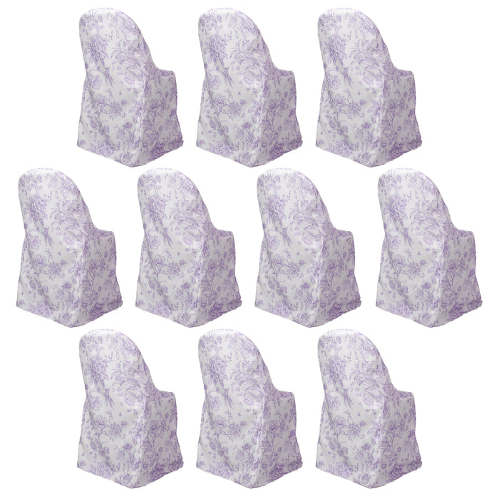 10 Pack Polyester Chair Covers for Folding Chairs – White Lavender Lilac French Toile Pattern