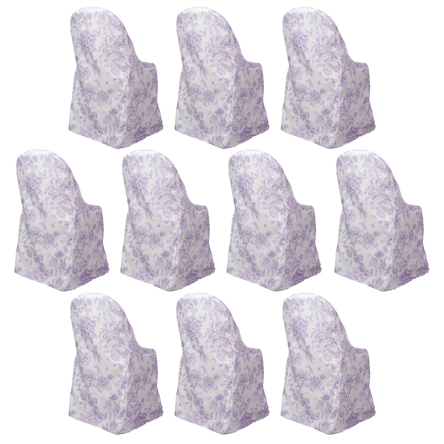 10 Pack Polyester Chair Covers for Folding Chairs – White Lavender Lilac French Toile Pattern