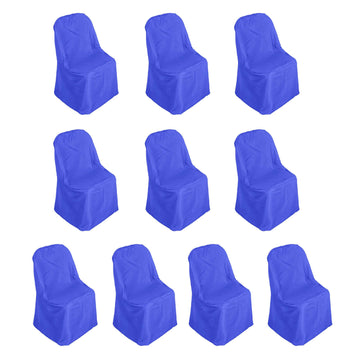 10 Pack Royal Blue Polyester Folding Chair Covers, Reusable Stain Resistant Slip On Chair Covers