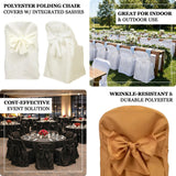Polyester folding chair covers with integrated sashes for events and indoor/outdoor use.
