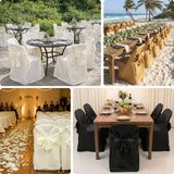 Elegant chair covers for weddings and events in various settings.