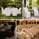 Stretch chair covers for elegant outdoor and indoor wedding dining setups
