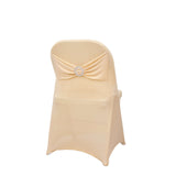 Beige Spandex Folding Chair Covers with Silver Rhinestone Buckled Sash Band