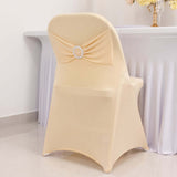 Beige Spandex Folding Chair Covers with Silver Rhinestone Buckled Sash Band