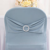 Dusty Blue Spandex Folding Chair Covers with Silver Rhinestone Buckled Sash Band