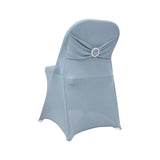 Dusty Blue Spandex Folding Chair Covers with Silver Rhinestone Buckled Sash Band