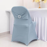 Dusty Blue Spandex Folding Chair Covers with Silver Rhinestone Buckled Sash Band