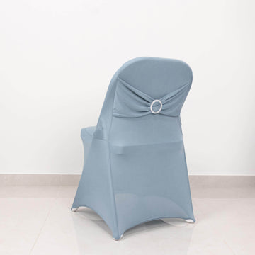 Dusty Blue Spandex Folding Chair Cover with Silver Rhinestone Buckled Sash Band, Stretch Fitted Slip On Chair Cover