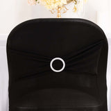 Black Spandex Folding Chair Covers with Silver Rhinestone Buckled Sash Band