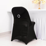 Black Spandex Folding Chair Covers with Silver Rhinestone Buckled Sash Band