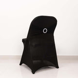 Black Spandex Folding Chair Covers with Silver Rhinestone Buckled Sash Band