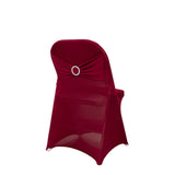 Burgundy Spandex Folding Chair Covers with Silver Rhinestone Buckled Sash Band