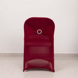 Burgundy Spandex Folding Chair Covers with Silver Rhinestone Buckled Sash Band