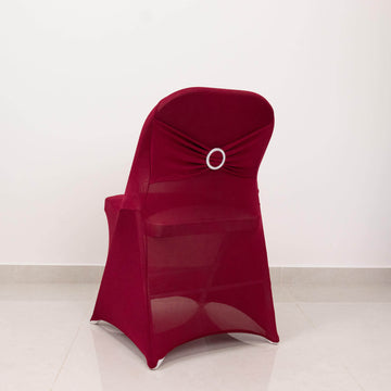 Burgundy Spandex Folding Chair Cover with Silver Rhinestone Buckled Sash Band, Stretch Fitted Slip On Chair Cover