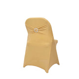 Champagne Spandex Folding Chair Covers with Silver Rhinestone Buckled Sash Band