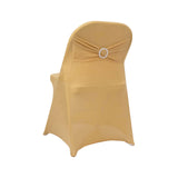 Champagne Spandex Folding Chair Covers with Silver Rhinestone Buckled Sash Band