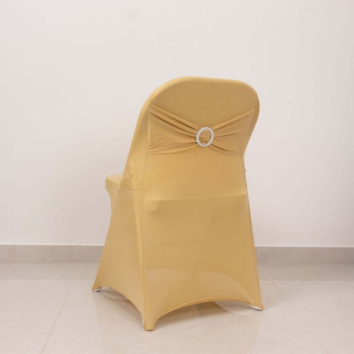 Champagne Spandex Folding Chair Covers with Silver Rhinestone Buckled Sash Band