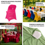Stretch spandex folding chair covers in vibrant colors with rhinestone buckle sash.