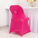 Fuchsia Spandex Folding Chair Covers with Silver Rhinestone Buckled Sash Band