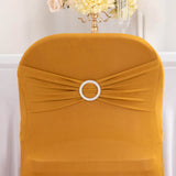 Gold Spandex Folding Chair Covers with Silver Rhinestone Buckled Sash Band