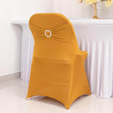 Gold Spandex Folding Chair Covers with Silver Rhinestone Buckled Sash Band