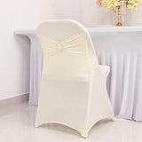 Ivory Spandex Folding Chair Covers with Silver Rhinestone Buckled Sash Band