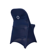 Navy Blue Spandex Folding Chair Covers with Silver Rhinestone Buckled Sash Band