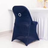 Navy Blue Spandex Folding Chair Covers with Silver Rhinestone Buckled Sash Band