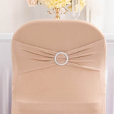 Nude Spandex Folding Chair Covers with Silver Rhinestone Buckled Sash Band