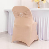 Nude Spandex Folding Chair Covers with Silver Rhinestone Buckled Sash Band