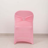 Pink Spandex Folding Chair Covers with Silver Rhinestone Buckled Sash Band