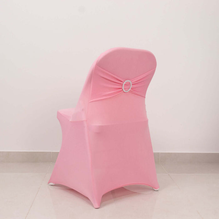 Pink Spandex Folding Chair Covers with Silver Rhinestone Buckled Sash Band