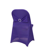 Purple Spandex Folding Chair Covers with Silver Rhinestone Buckled Sash Band