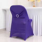 Purple Spandex Folding Chair Covers with Silver Rhinestone Buckled Sash Band