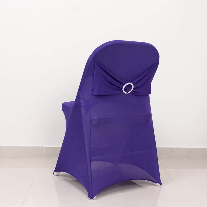 Purple Spandex Folding Chair Covers with Silver Rhinestone Buckled Sash Band