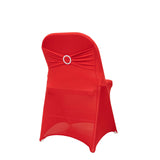 Red Spandex Folding Chair Covers with Silver Rhinestone Buckled Sash Band