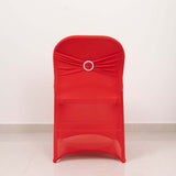 Red Spandex Folding Chair Covers with Silver Rhinestone Buckled Sash Band