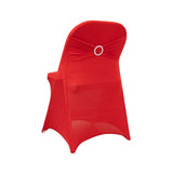 Red Spandex Folding Chair Covers with Silver Rhinestone Buckled Sash Band