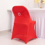 Red Spandex Folding Chair Covers with Silver Rhinestone Buckled Sash Band