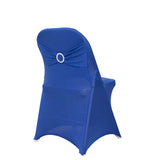 Royal Blue Spandex Folding Chair Covers with Silver Rhinestone Buckled Sash Band