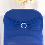 Royal Blue Spandex Folding Chair Covers with Silver Rhinestone Buckled Sash Band