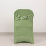 Sage Green Spandex Folding Chair Covers with Silver Rhinestone Buckled Sash Band