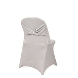 Silver Spandex Folding Chair Covers with Silver Rhinestone Buckled Sash Band