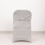 Silver Spandex Folding Chair Covers with Silver Rhinestone Buckled Sash Band