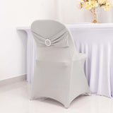 Silver Spandex Folding Chair Covers with Silver Rhinestone Buckled Sash Band