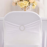 White Spandex Folding Chair Covers with Silver Rhinestone Buckled Sash Band